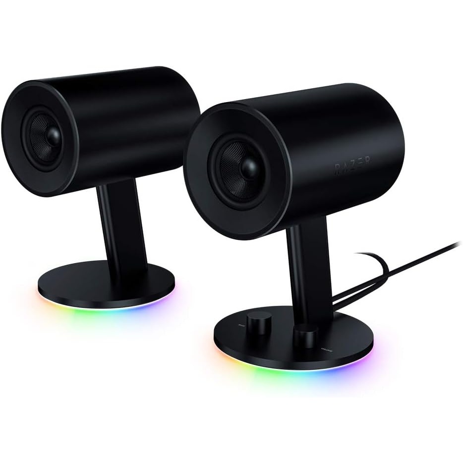 image:imageRazer Nommo Chroma Custom Woven 3 Glass Fiber Drivers  RearFacing Bass Ports  Bass Knob wAutomatic Gain Control Chroma Enabled  Full Range 20 PC Gaming Speakers BlackNommo Chroma