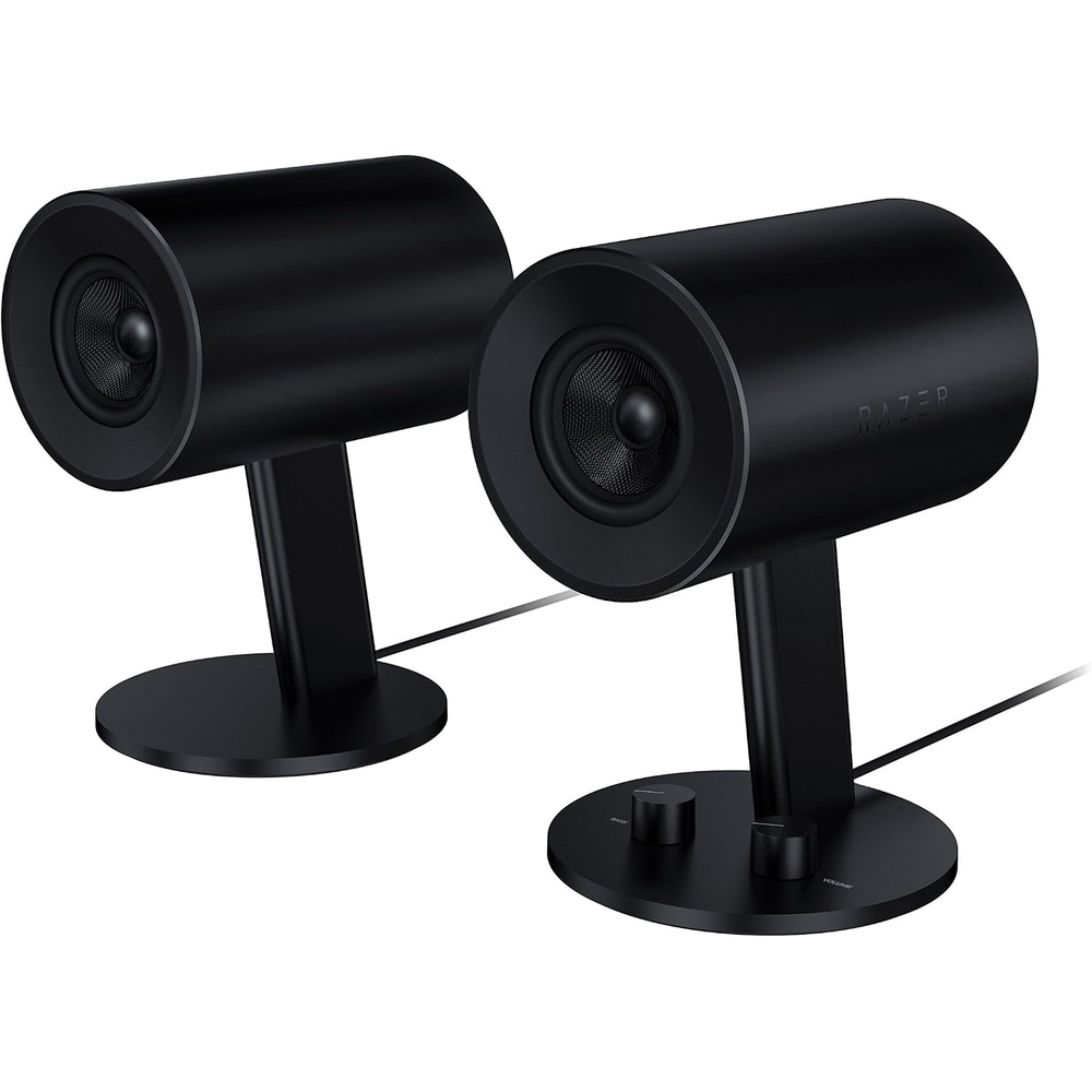 image:imageRazer Nommo Chroma Custom Woven 3 Glass Fiber Drivers  RearFacing Bass Ports  Bass Knob wAutomatic Gain Control Chroma Enabled  Full Range 20 PC Gaming Speakers BlackNommo